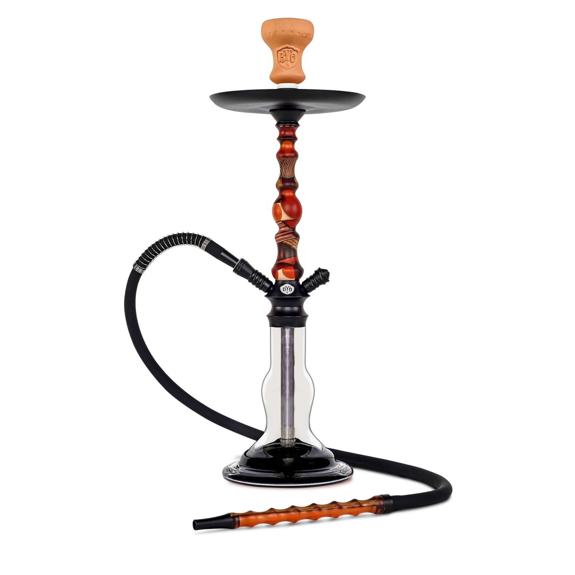 BYO Sophia Hookah 22" Orange wood stem clear base matching wood handle hose