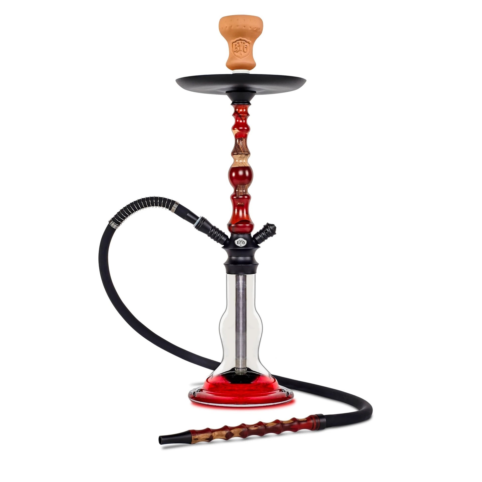 BYO Sophia Hookah 22" red wood stem clear base matching wood handle hose