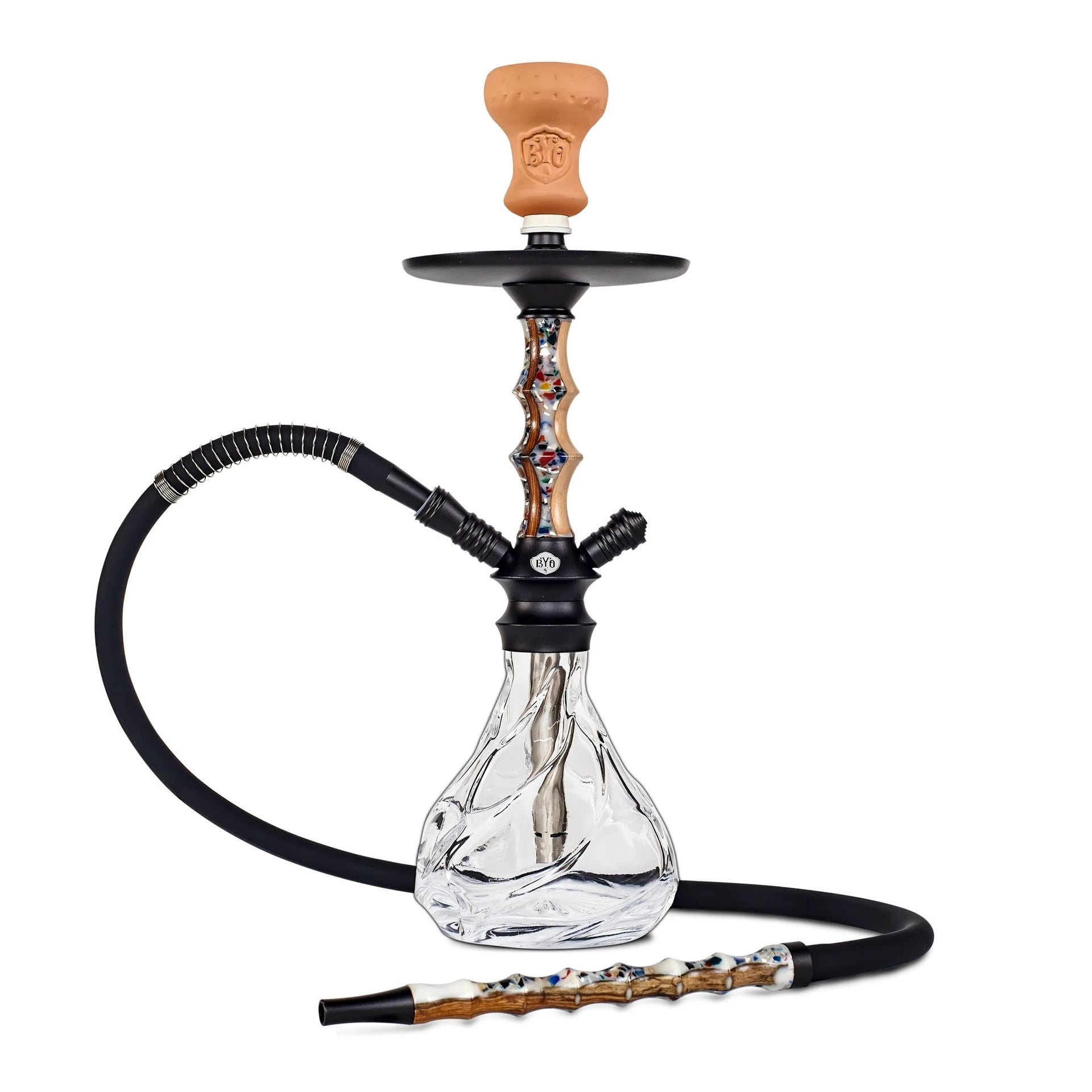 BYO Zuki Hookah 19" white wood stem with matching wood handle hose and clear base