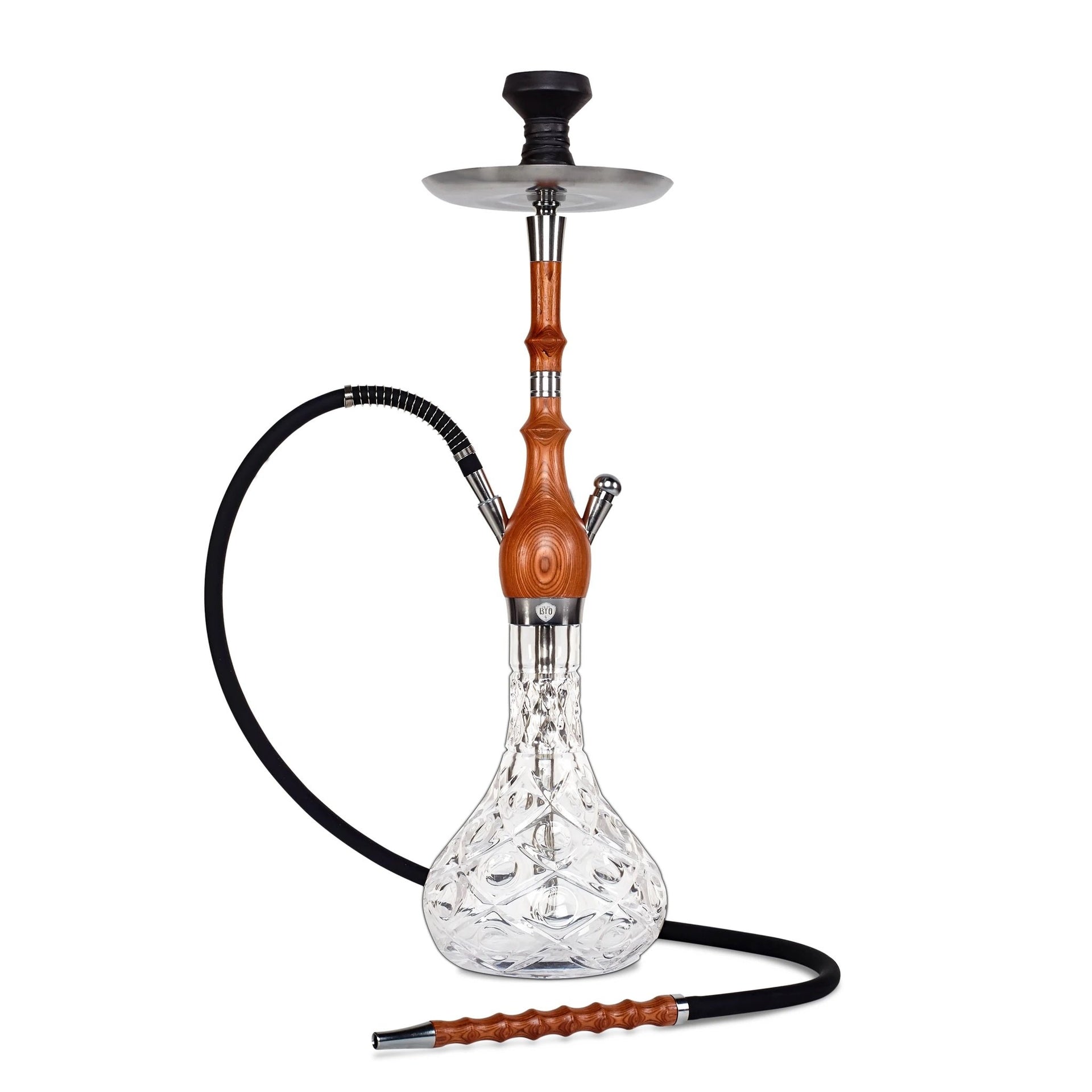 BYO Aria Hookah 28" Coffee wood stem clear base matching wood handle hose