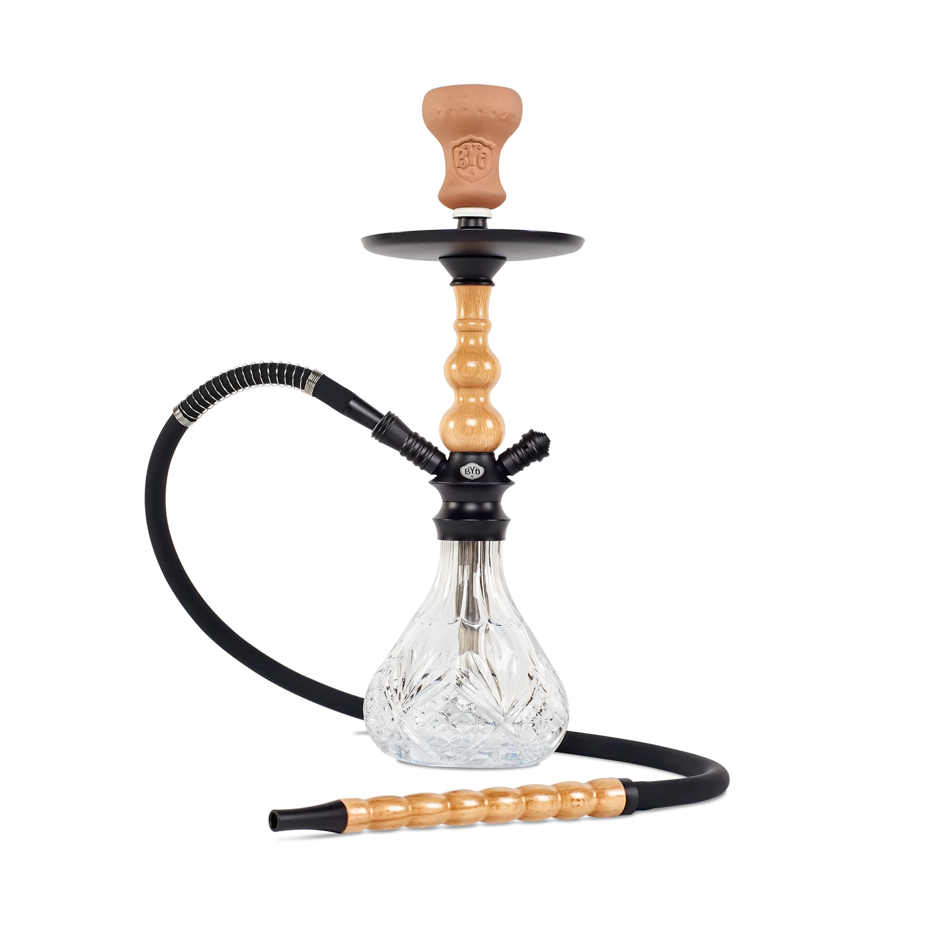 BYO Bella Hookah 18" tan stem clear base matching wood handle hose