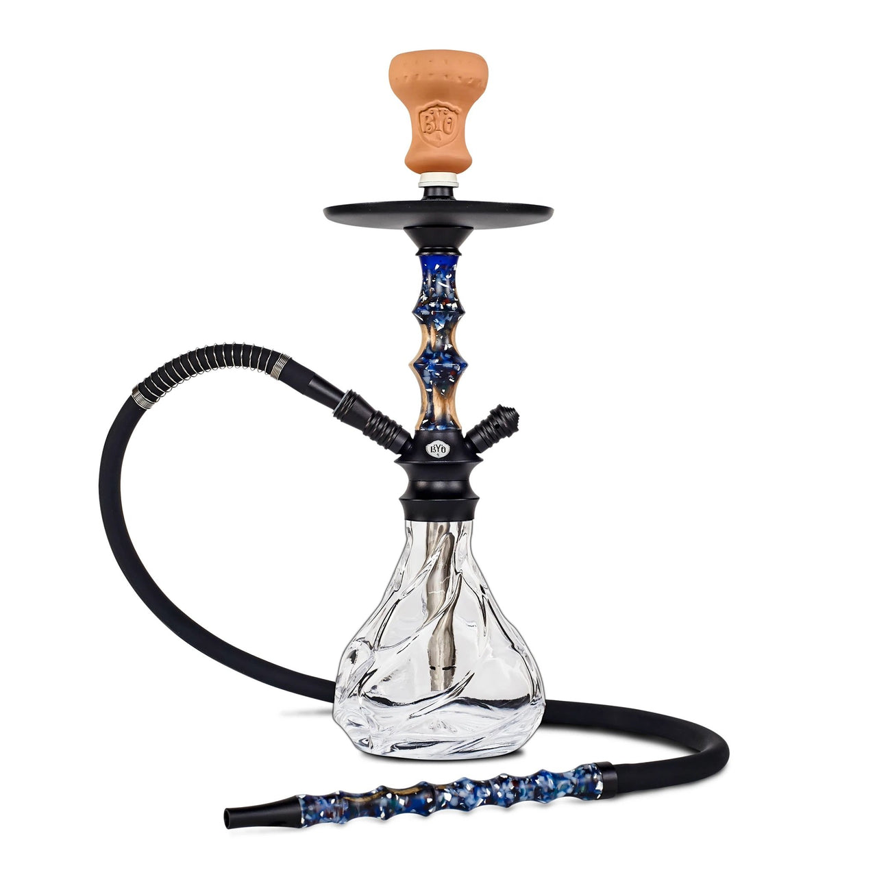 BYO Zuki Hookah 19" blue wood stem with matching wood handle hose and clear base