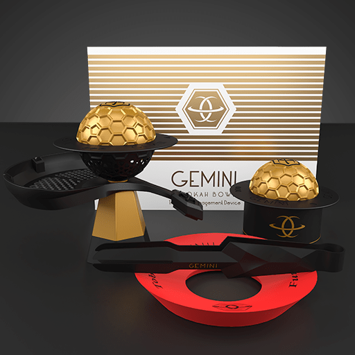 Gemini hookah bow gold extended package group two bowls tongs and rubber fitting
