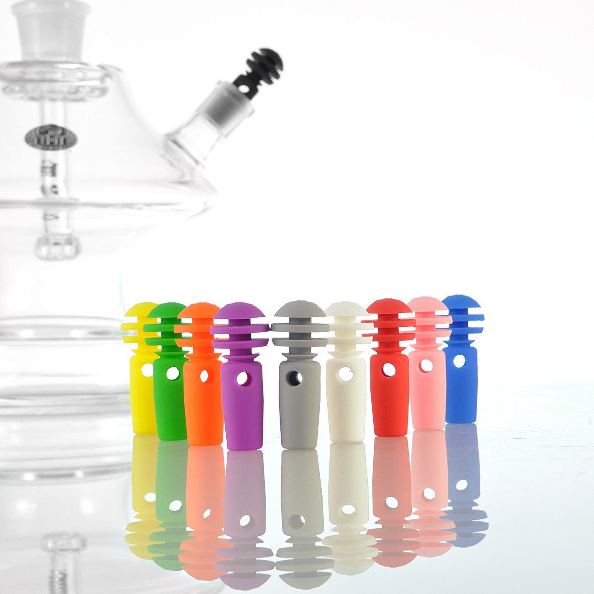 AOT Silicone Universal Purge Valve Group shot with glass hookah