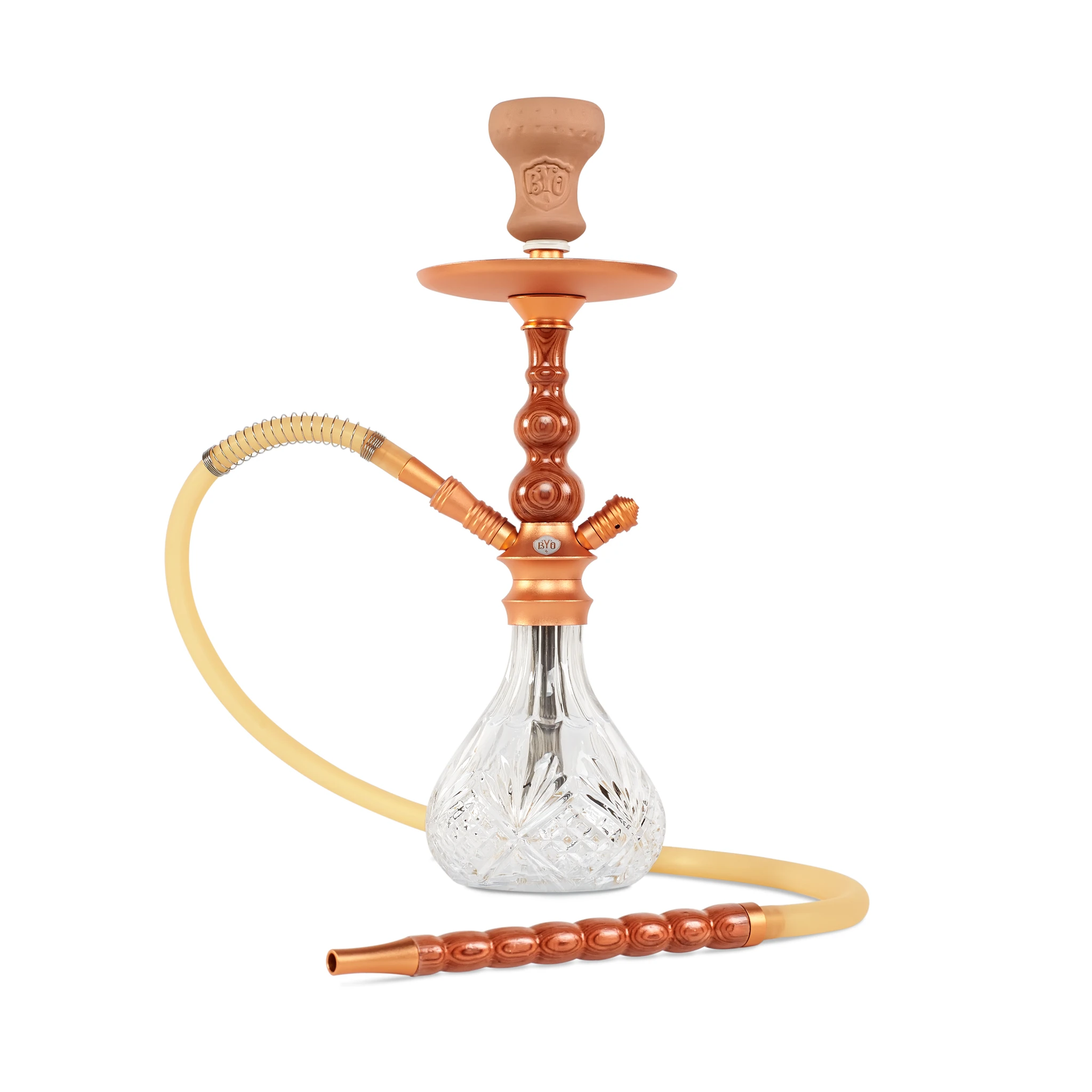 BYO Bella Hookah 18" rose gold stem with clear base matching wood handle hose