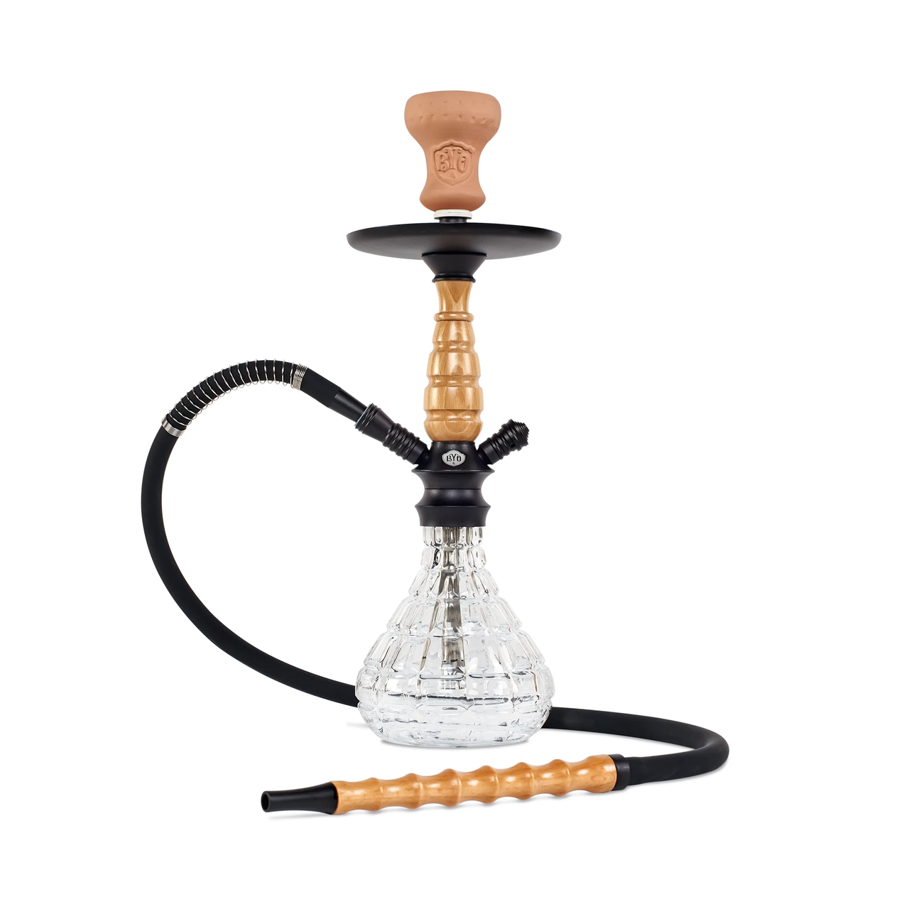 BYO Kayla Hookah 18" tan wood stem clear base matching wood handle hose