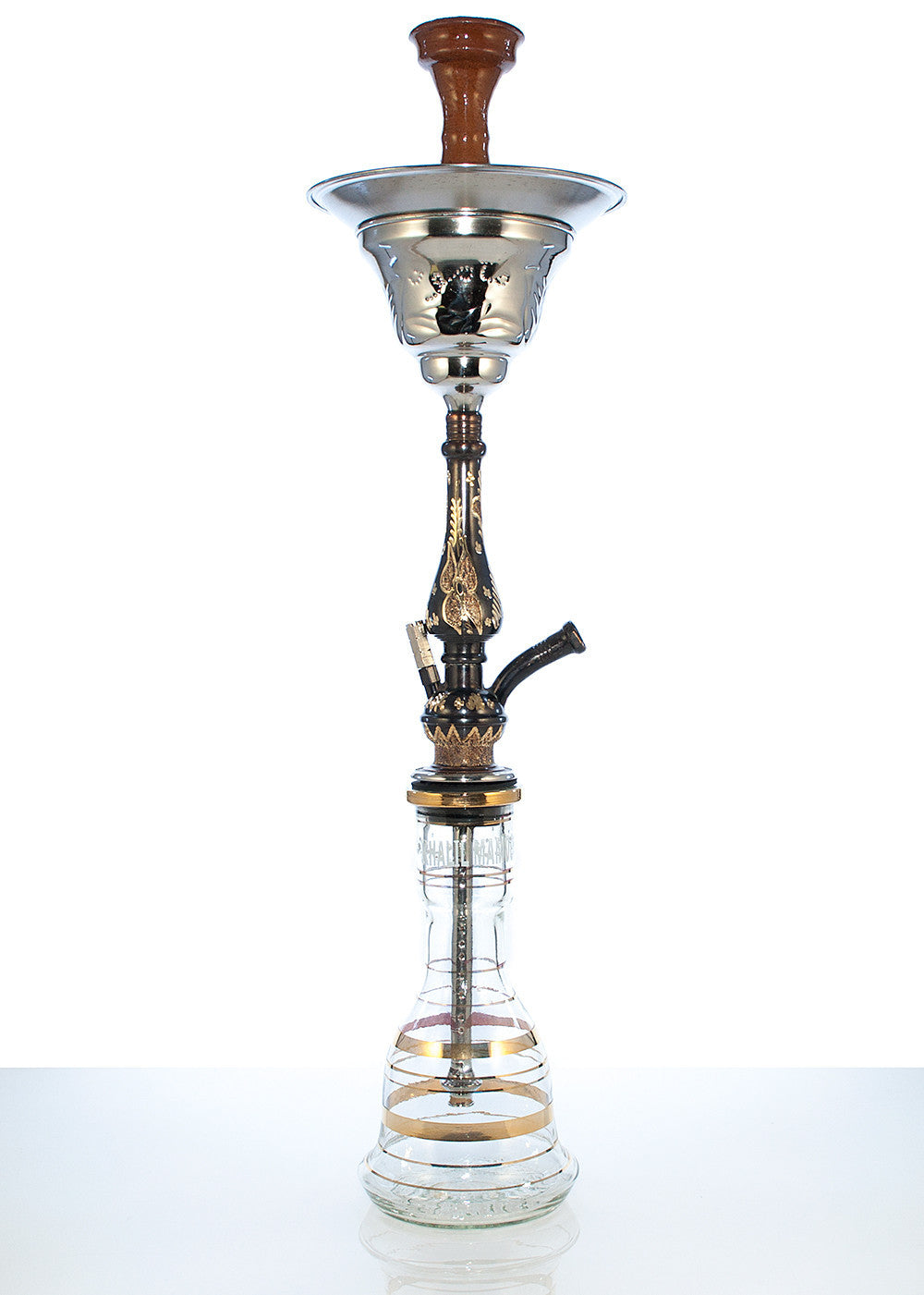 Khalil Mamoon Hookah Syriana with ice chamber oxide black, gold snd stainless stem with clear and gold stripe base
